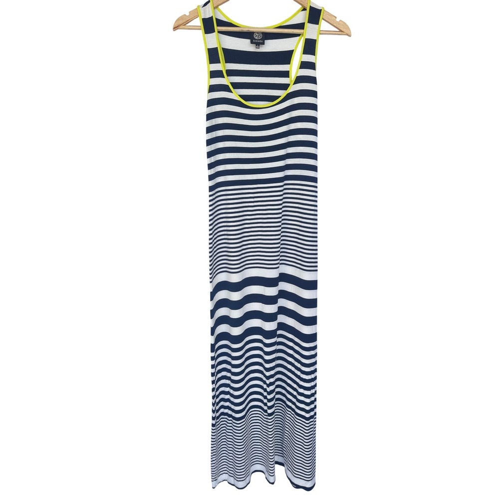 Bobeau Women Navy White Striped Maxi Dress Neon Yellow Trim Size S Sleeveless